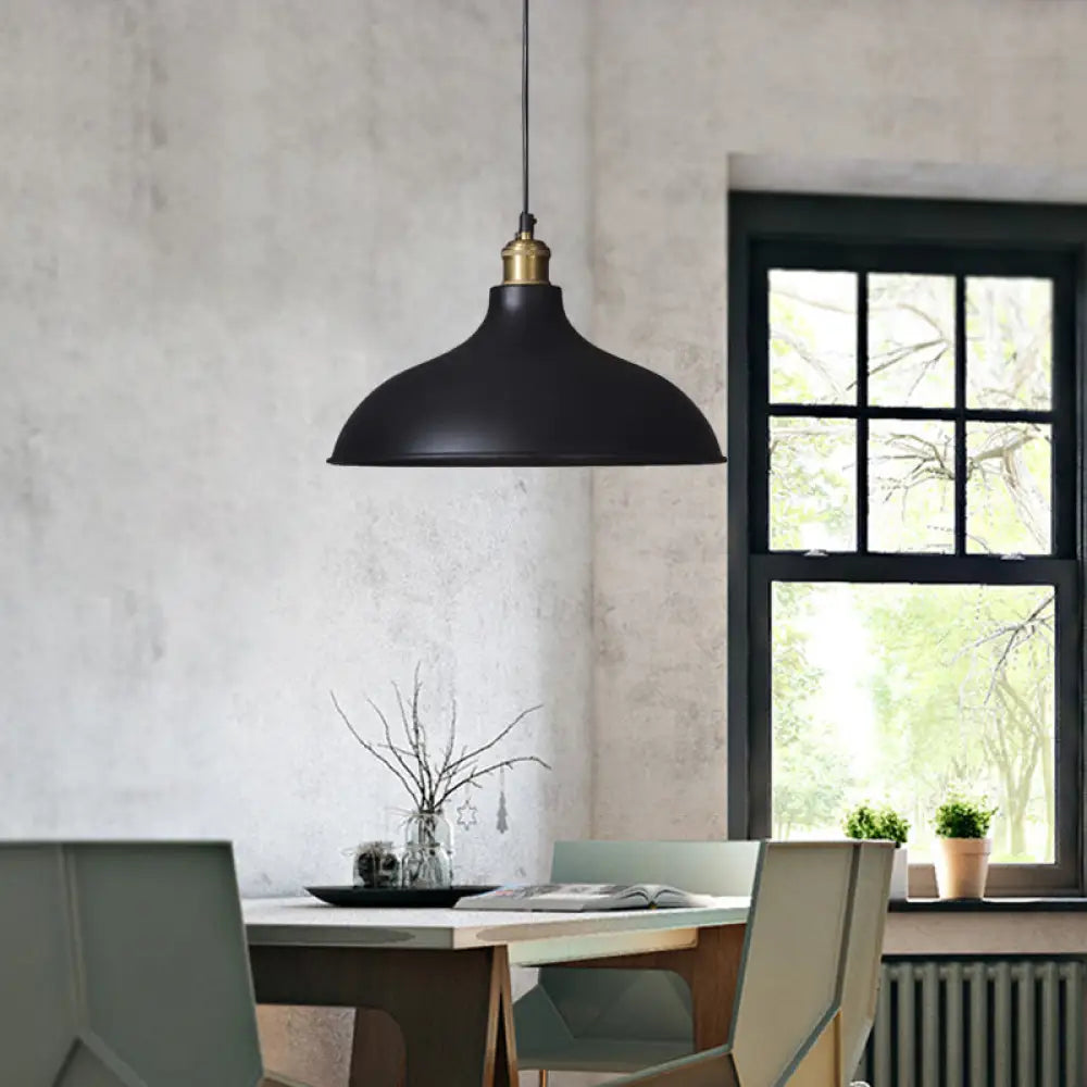 Black Metal Ceiling Pendant - Loft Style Dining Table Light Fixture With Domed Shade And 1