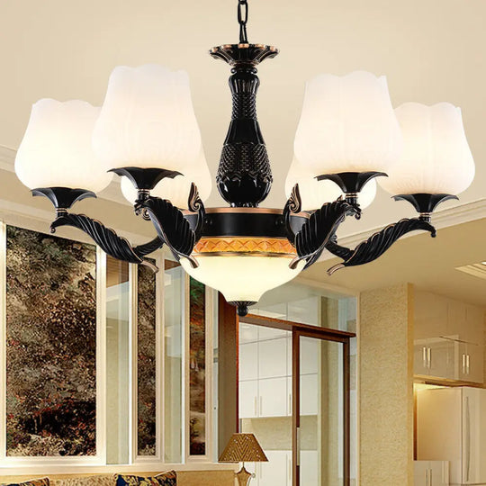 Black Metal Chandelier With Floral White Glass Shades - 4/6/7 Heads Sputnik Suspension Pendant 7 /