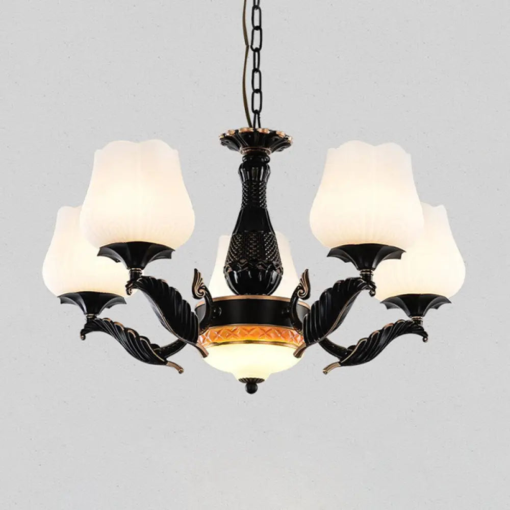 Black Metal Chandelier With Floral White Glass Shades - 4/6/7 Heads Sputnik Suspension Pendant 6 /