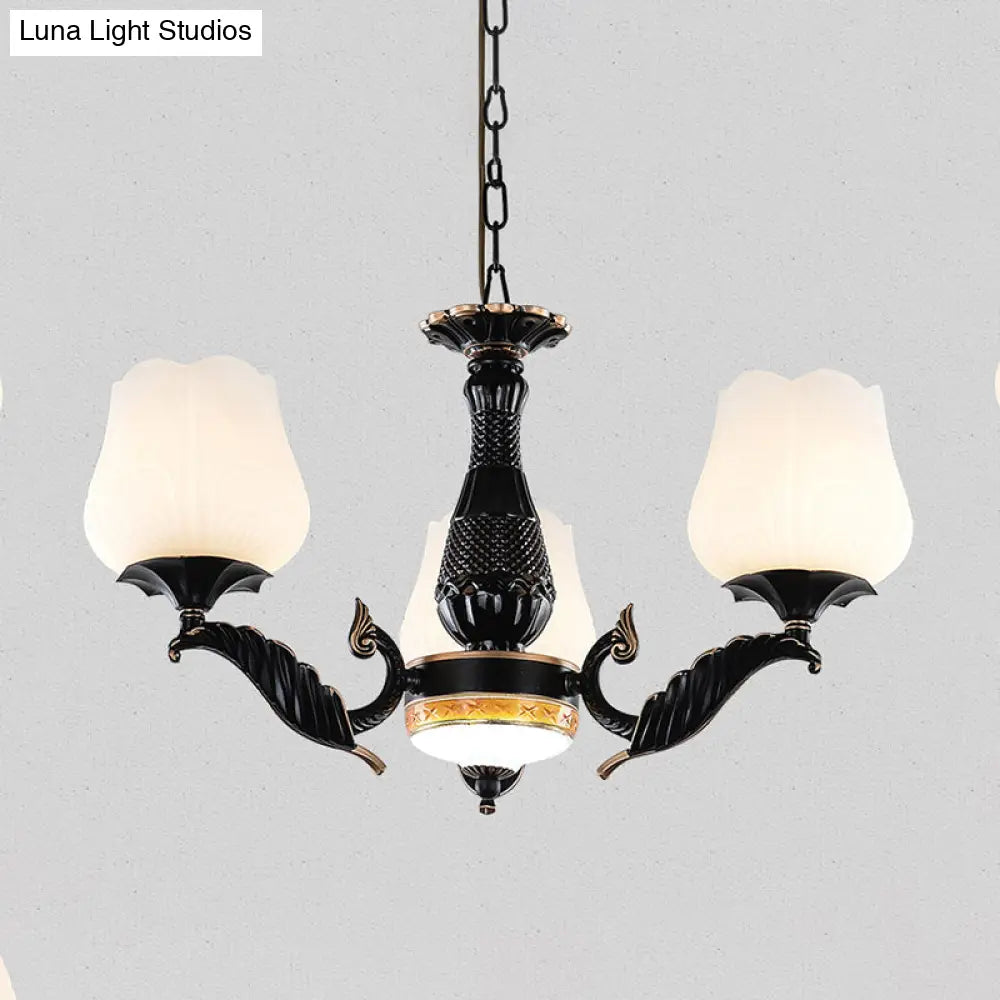 Black Metal Chandelier With Floral White Glass Shades - 4/6/7 Heads Sputnik Suspension Pendant