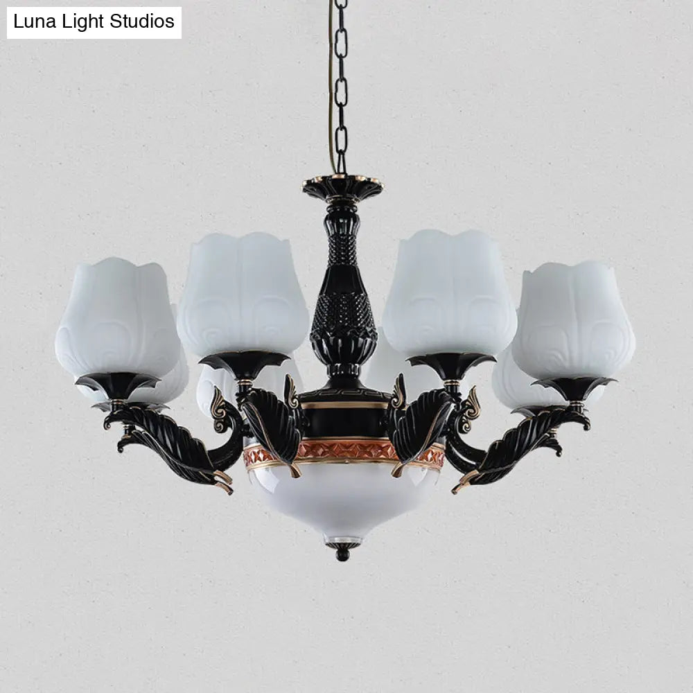 Black Metal Chandelier With Floral White Glass Shades - 4/6/7 Heads Sputnik Suspension Pendant