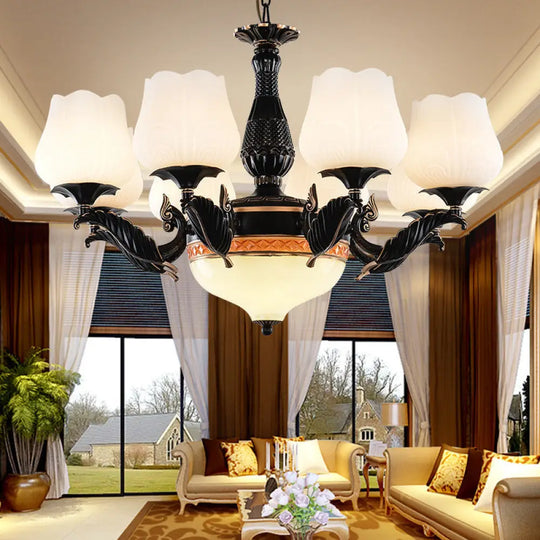 Black Metal Chandelier With Floral White Glass Shades - 4/6/7 Heads Sputnik Suspension Pendant 9 /