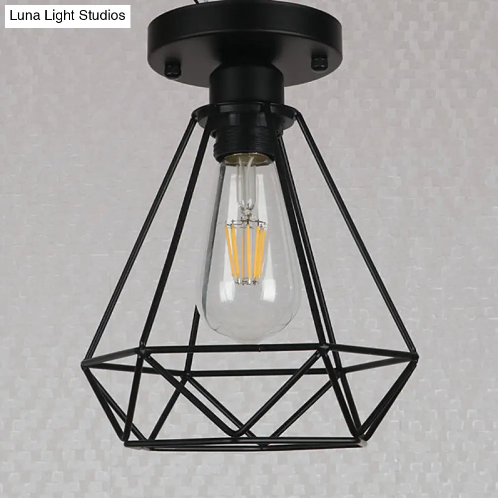 Black Metal Diamond Cage Pendant Light For Coffee Shop & Loft - Semi Flush Mount Chandelier