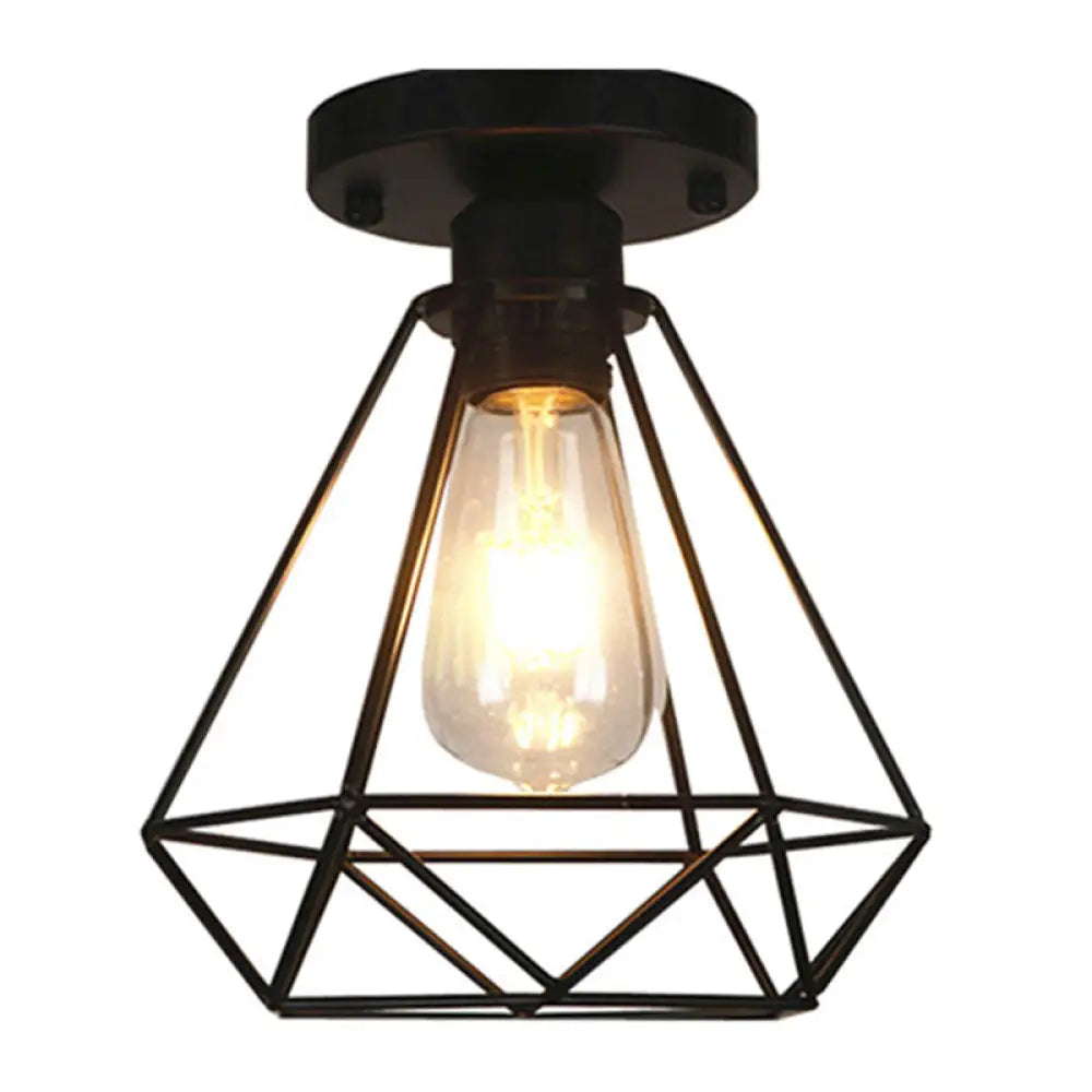 Black Metal Diamond Cage Pendant Light For Coffee Shop & Loft - Semi Flush Mount Chandelier