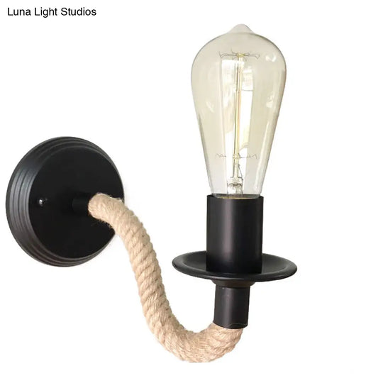 Black Metal Exposed Bulb Wall Sconce With Rope Wrapped Arm - Country Aisle Lighting