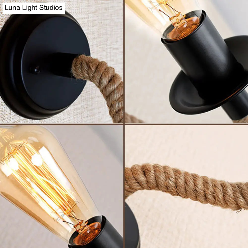 Black Metal Exposed Bulb Wall Sconce With Rope Wrapped Arm - Country Aisle Lighting