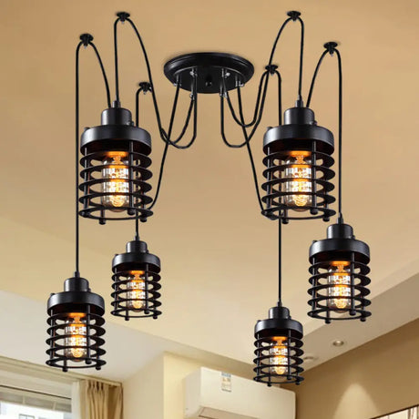Black Metal Factory Lantern Swag Pendant Light With 6 Hanging Heads For Living Room