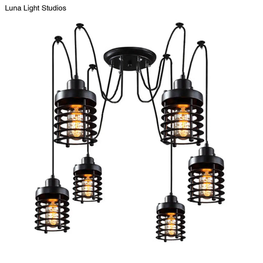 Black Metal Factory Lantern Swag Pendant Light With 6 Hanging Heads For Living Room