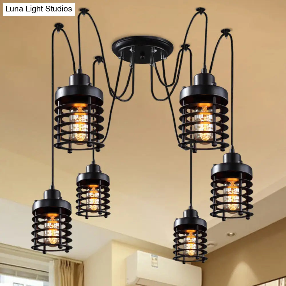 Black Metal Lantern Swag Pendant Light With Multiple Hanging Heads For Living Room