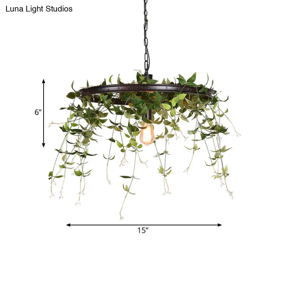 Black Metal Farmhouse Hanging Lamp Kit - 12.5/15 W 1-Head Pendant Light With Plant Deco For