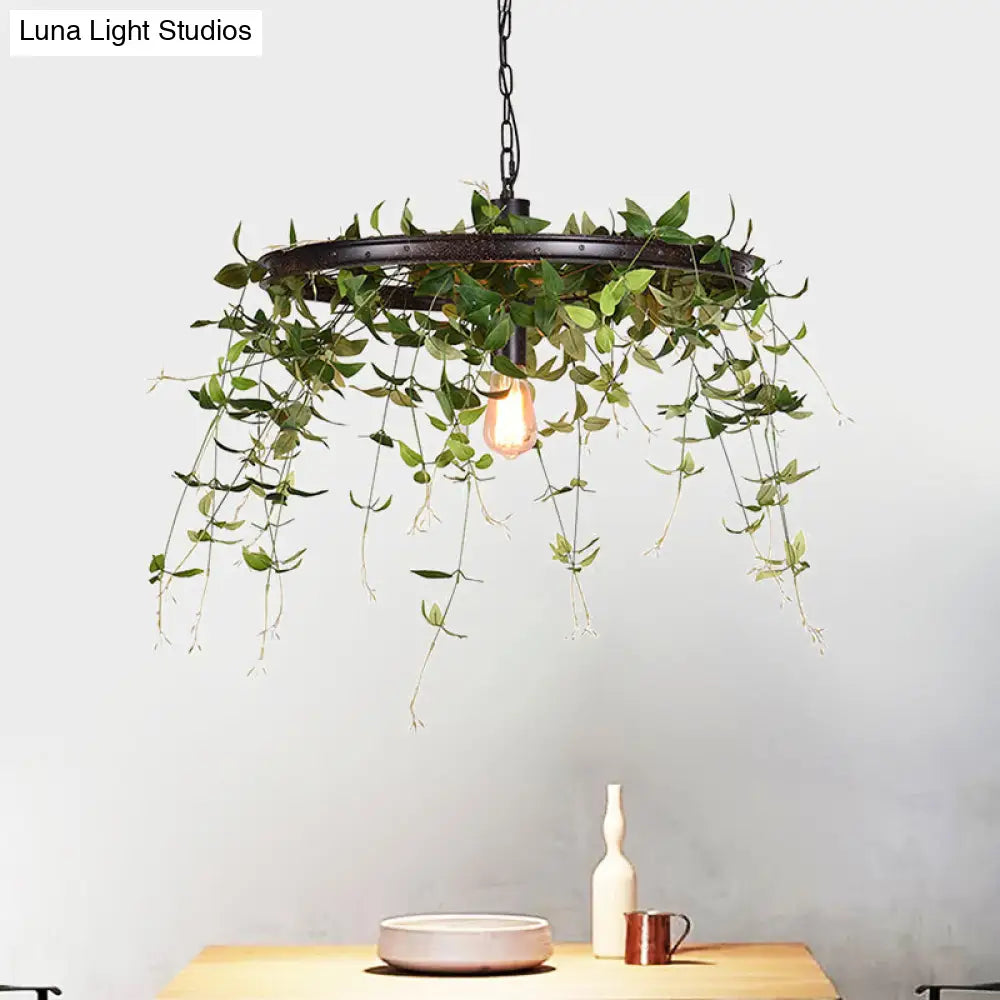 Black Metal Farmhouse Hanging Lamp Kit - 12.5/15 W 1-Head Pendant Light With Plant Deco For