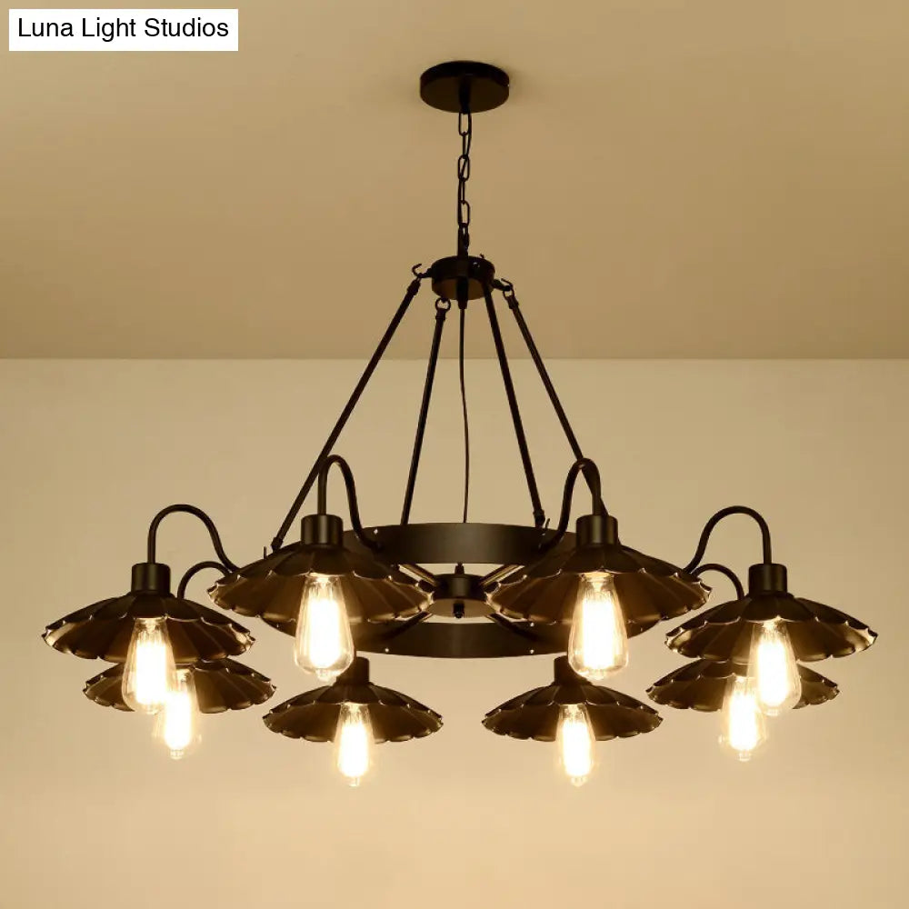 Black Metal Farmhouse Style Scalloped Edge Chandelier Light With Gooseneck Arm - 8 Heads Pendant