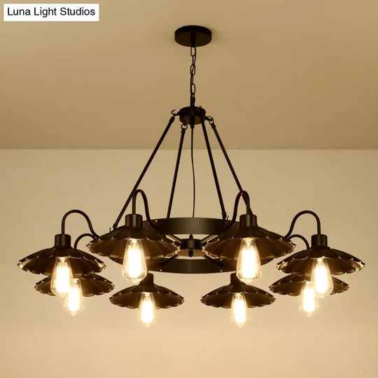 Black Metal Farmhouse Style Scalloped Edge Chandelier Light With Gooseneck Arm - 8 Heads Pendant