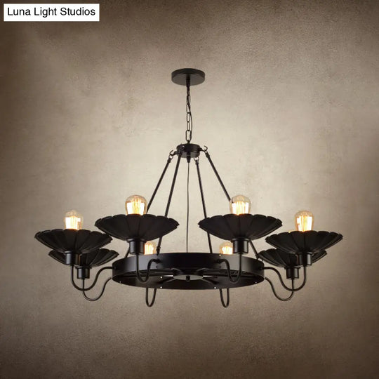 Black Metal Farmhouse Style Scalloped Edge Chandelier Light With Gooseneck Arm - 8 Heads Pendant