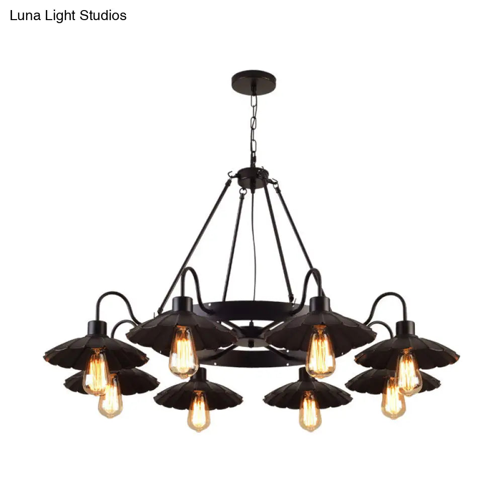 Black Metal Farmhouse Style Scalloped Edge Chandelier Light With Gooseneck Arm - 8 Heads Pendant