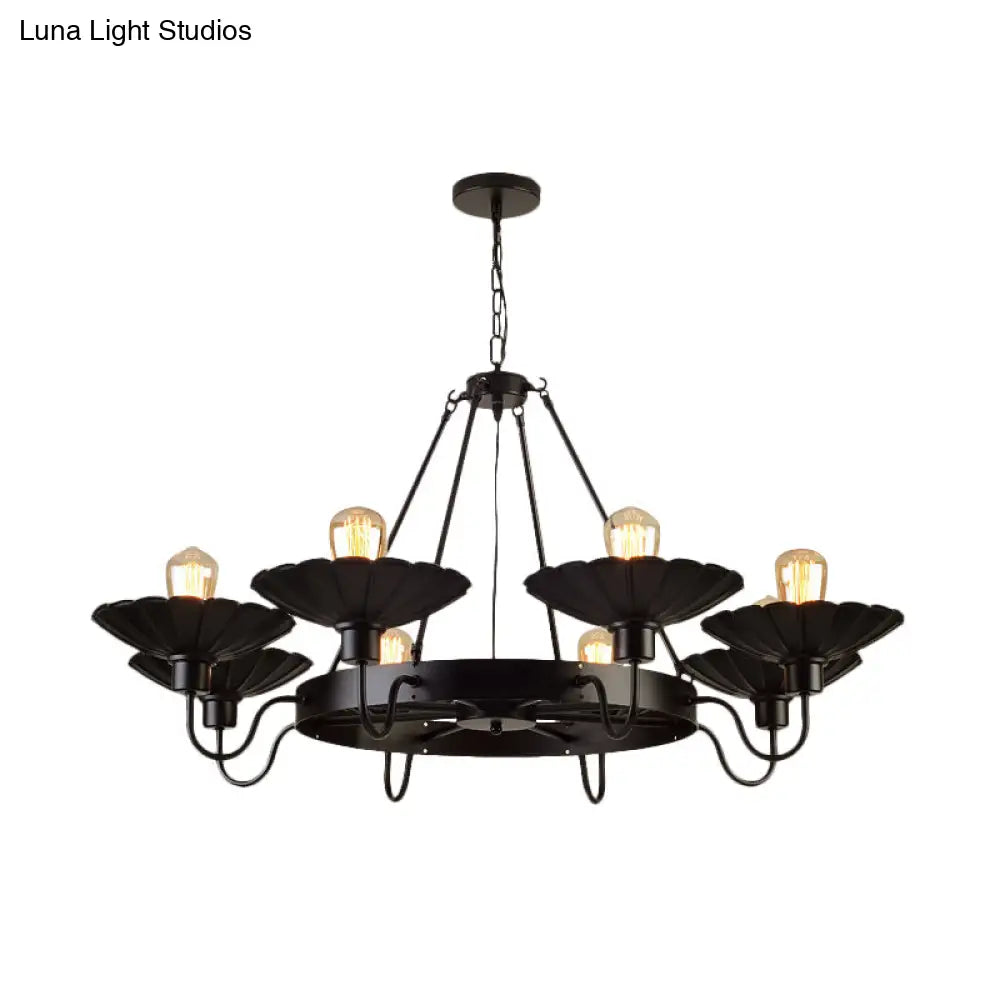 Black Metal Farmhouse Style Scalloped Edge Chandelier Light With Gooseneck Arm - 8 Heads Pendant