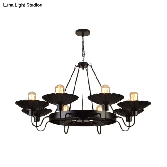 Black Metal Farmhouse Style Scalloped Edge Chandelier Light With Gooseneck Arm - 8 Heads Pendant