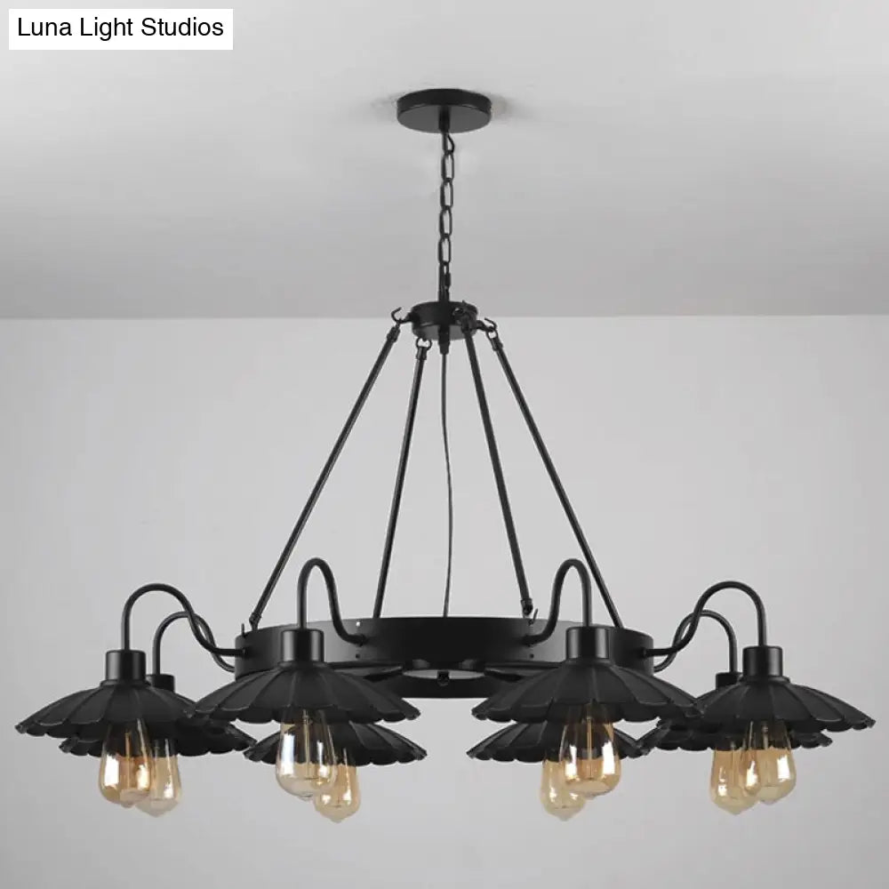 Black Metal Farmhouse Style Scalloped Edge Chandelier Light With Gooseneck Arm - 8 Heads Pendant