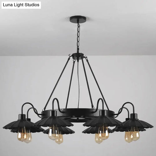 Black Metal Farmhouse Style Scalloped Edge Chandelier Light With Gooseneck Arm - 8 Heads Pendant