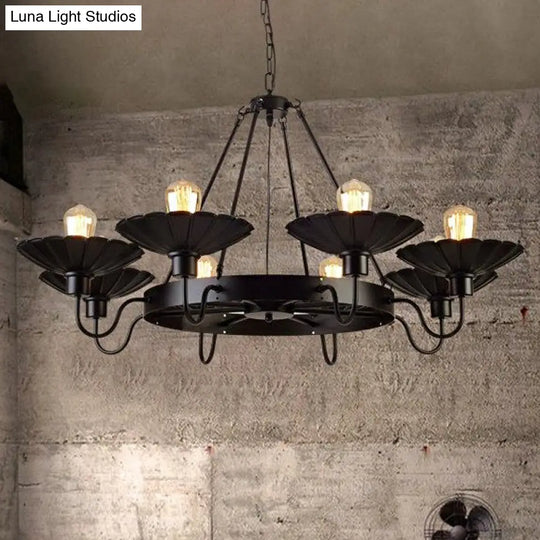 Black Metal Farmhouse Style Scalloped Edge Chandelier Light With Gooseneck Arm - 8 Heads Pendant