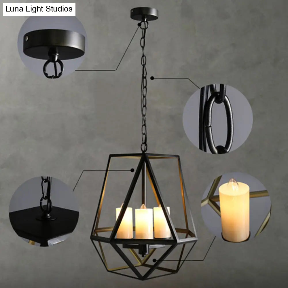 Black Metal Finish Chandelier With Caged Country Style And Faux Candles