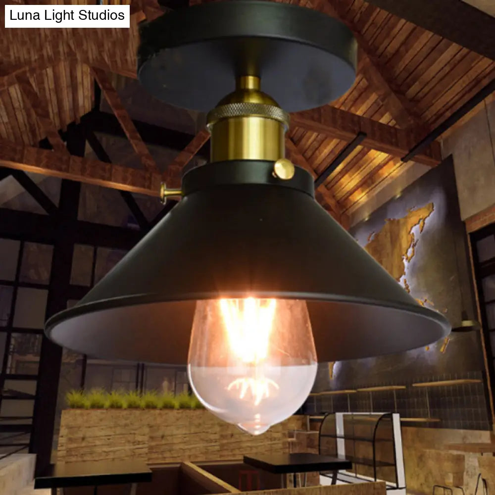 Black Metal Flared Flush Mount Lamp - Farmhouse Corridor Ceiling Light