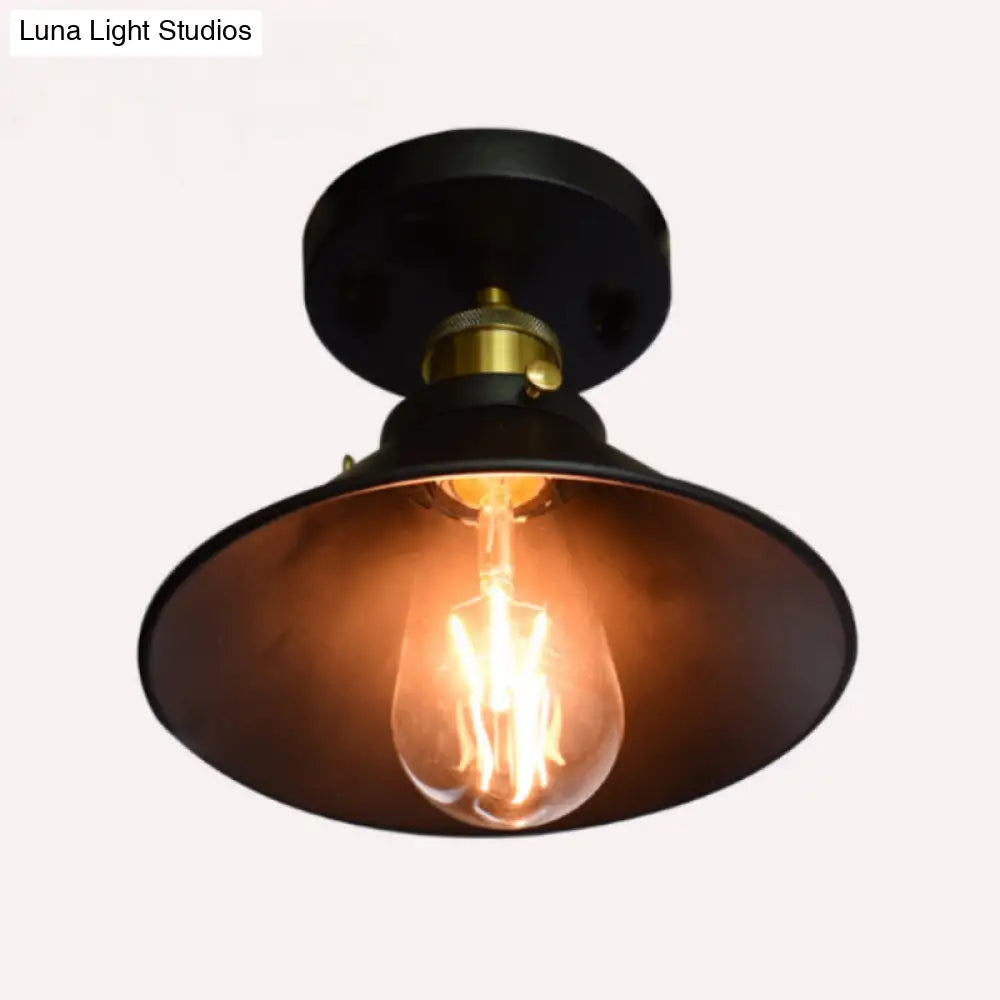 Black Metal Flared Flush Mount Lamp - Farmhouse Corridor Ceiling Light