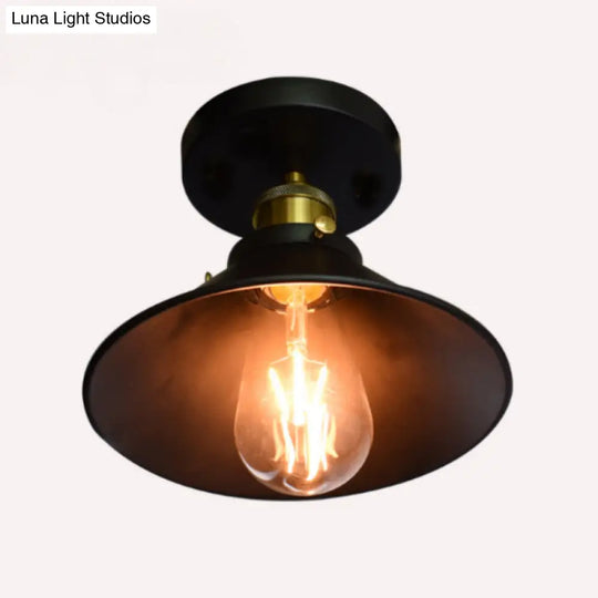 Black Metal Flared Flush Mount Lamp - Farmhouse Corridor Ceiling Light