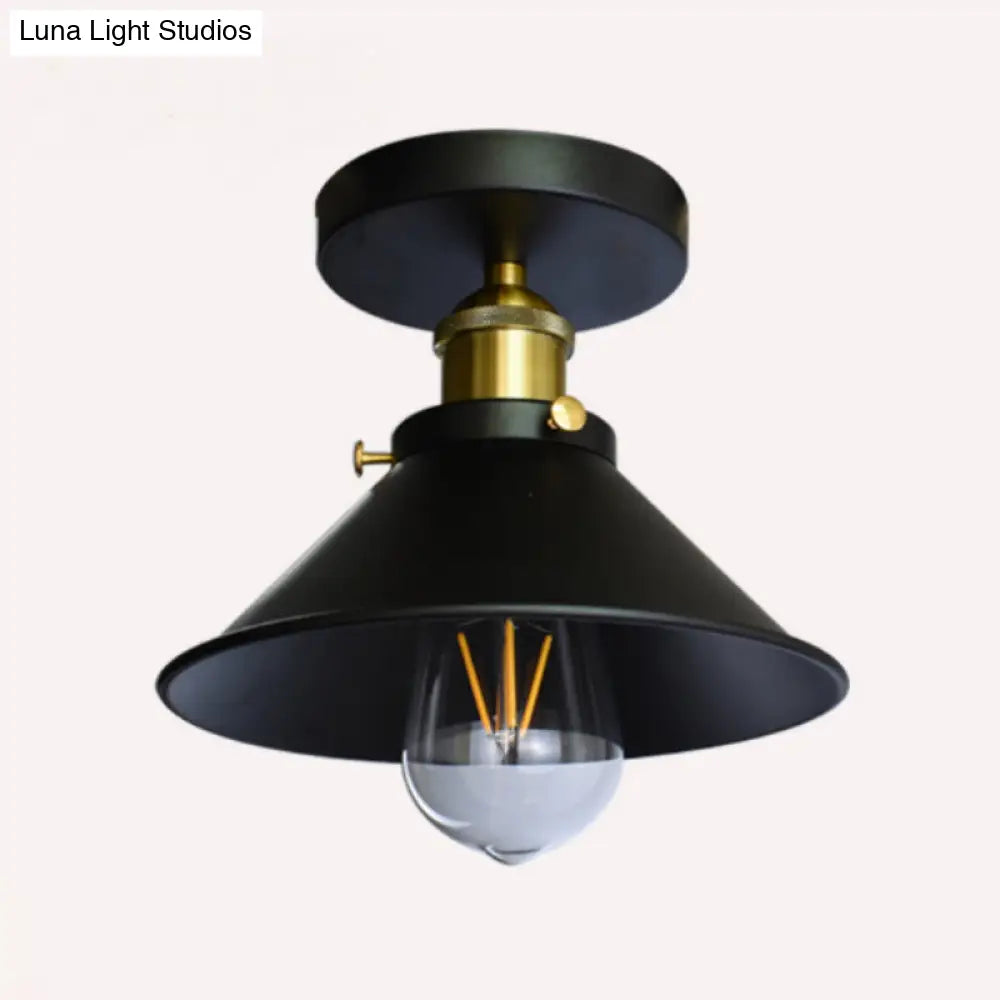 Black Metal Flared Flush Mount Lamp - Farmhouse Corridor Ceiling Light