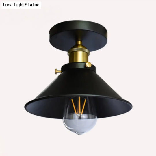 Black Metal Flared Flush Mount Lamp - Farmhouse Corridor Ceiling Light