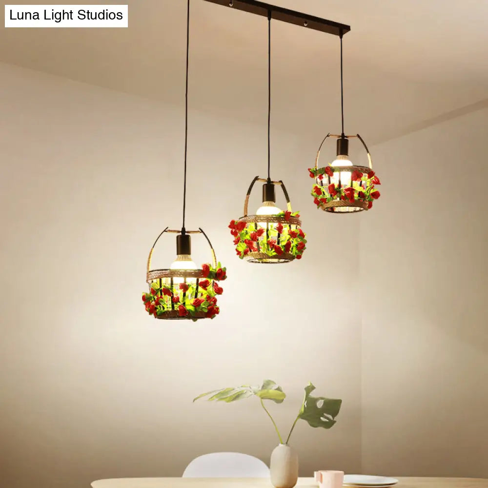 Black Metal Flower Basket Restaurant Pendant With 3 Suspension Lights And Canopy