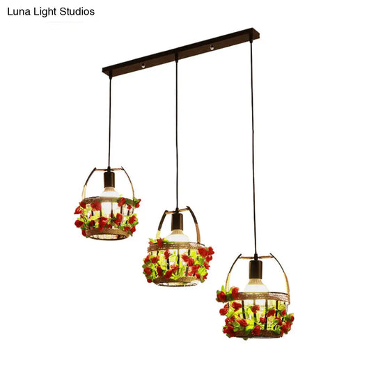 Black Metal Flower Basket Restaurant Pendant With 3 Suspension Lights And Canopy