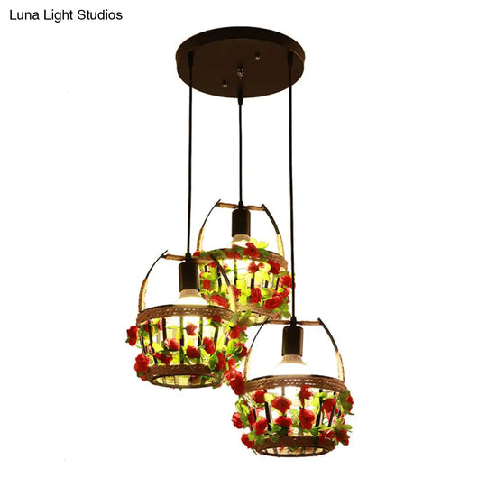 Black Metal Flower Basket Restaurant Pendant With 3 Suspension Lights And Canopy