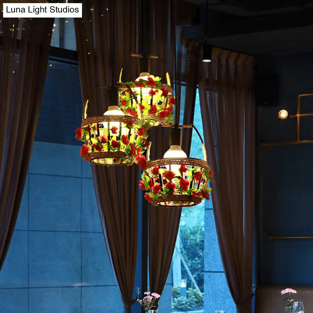 Black Metal Cluster Pendant With 3 Heads - Flower Basket Restaurant Suspension Lighting