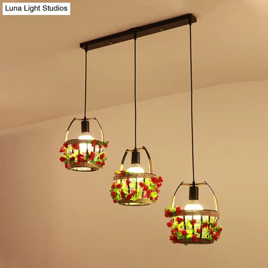 Black Metal Flower Basket Restaurant Pendant With 3 Suspension Lights And Canopy