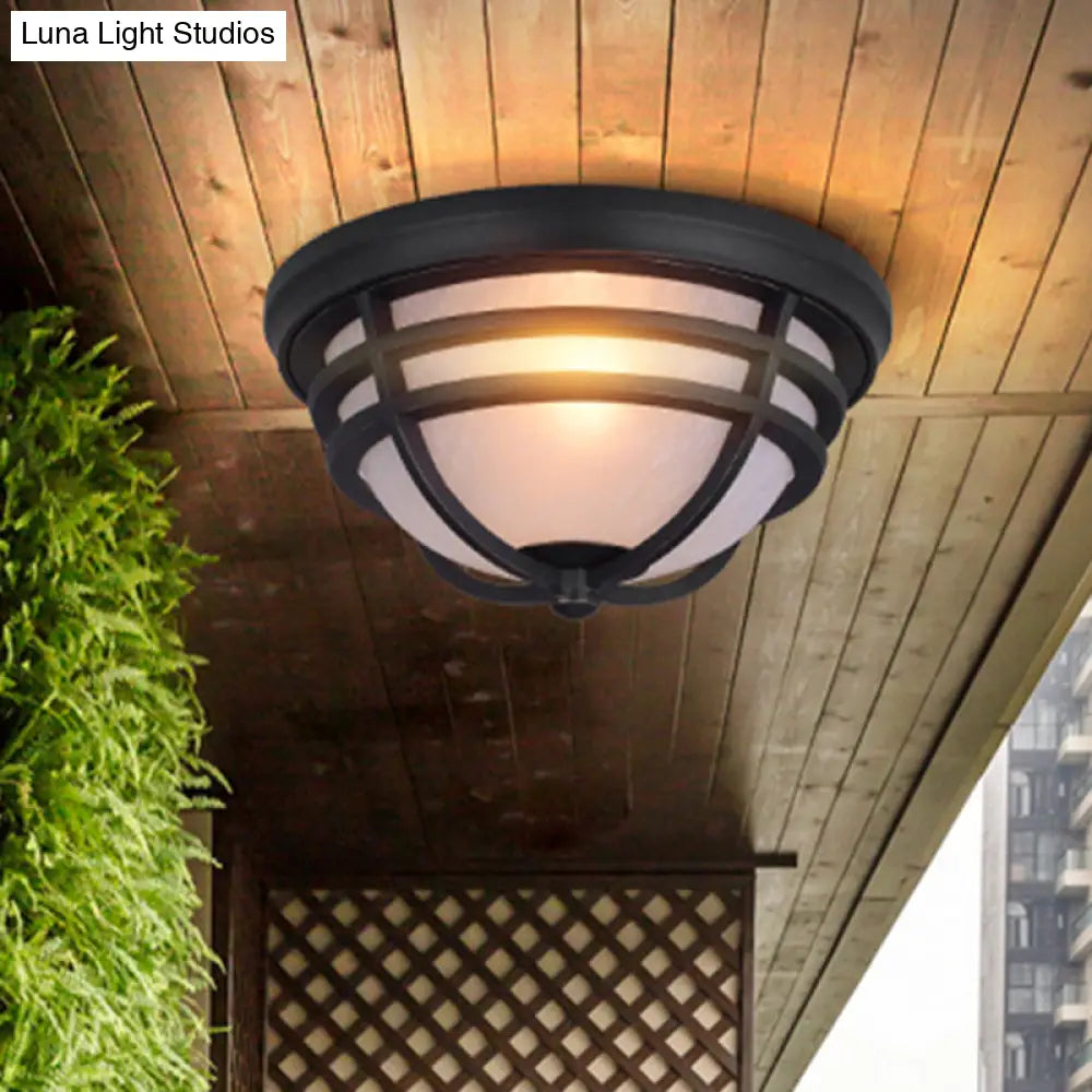 Black Metal Flush Mount Light With Frosted Glass Shade - Industrial Style For Balcony