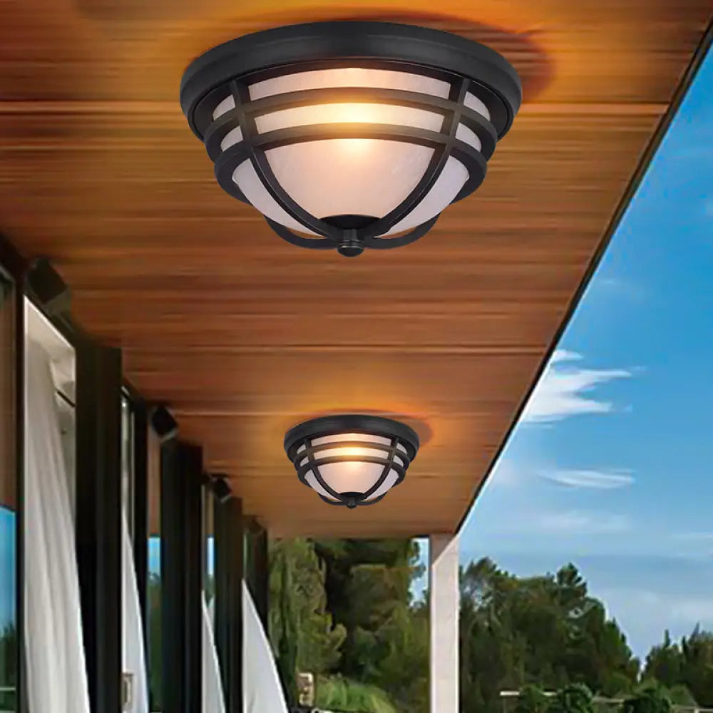 Black Metal Flush Mount Light With Frosted Glass Shade - Industrial Style For Balcony