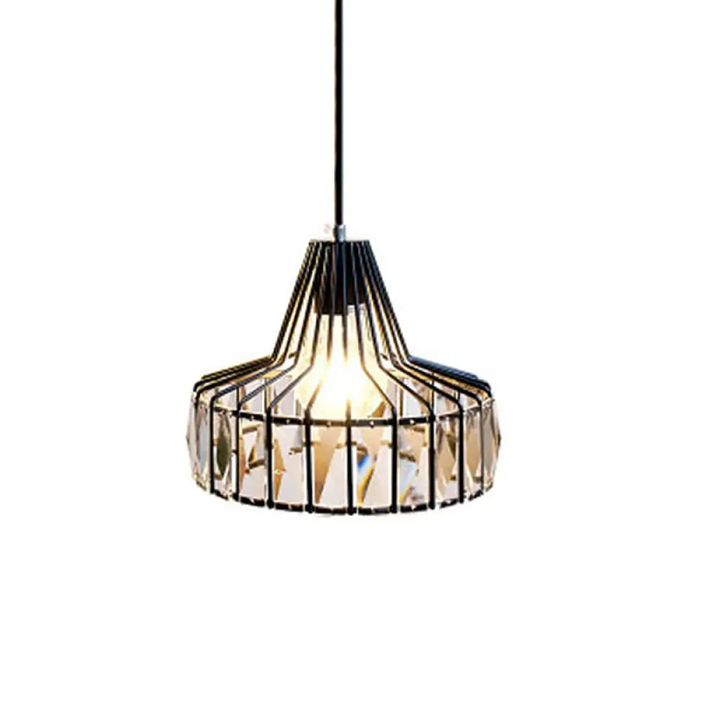 Black Metal Frame Crystal Pendant Light For Dining Room - Modern Ceiling Hanging Fixture / 10’