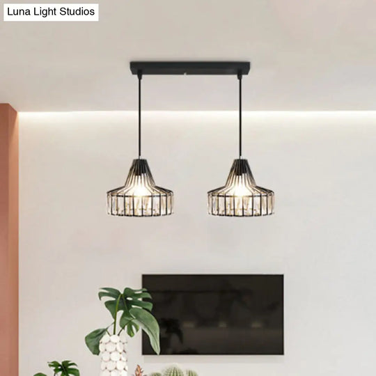 Black Metal Frame Crystal Pendant Light For Dining Room - Modern Ceiling Hanging Fixture