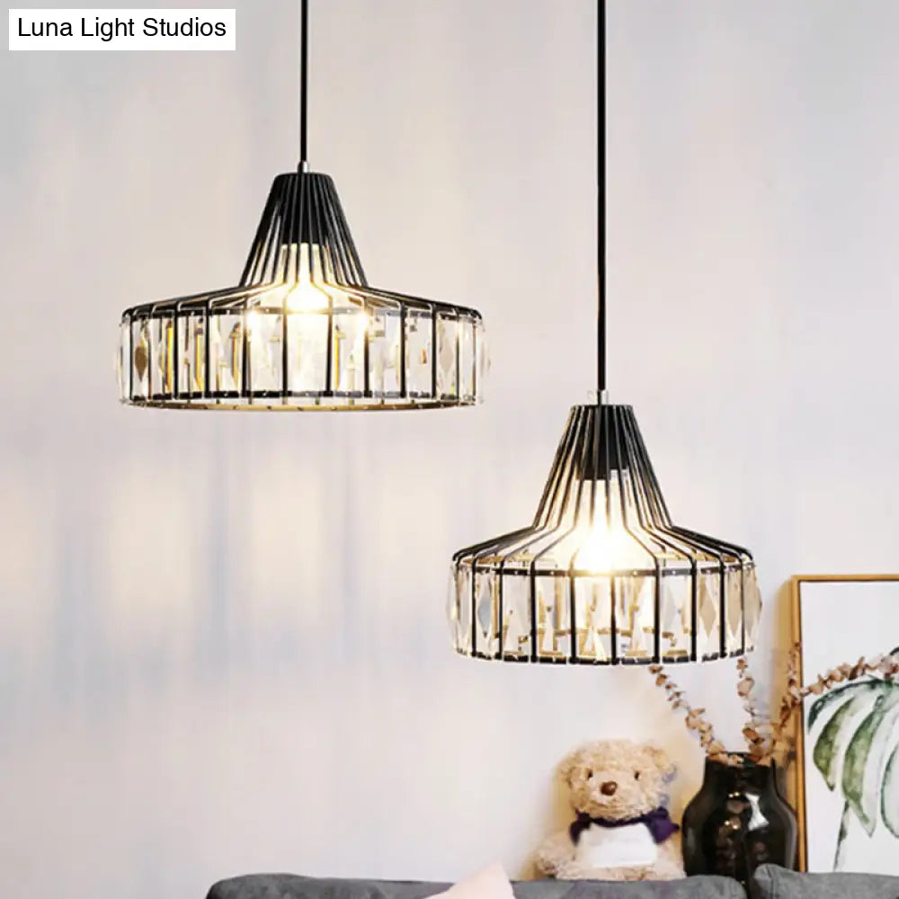 Black Metal Frame Crystal Pendant Light For Dining Room - Modern Ceiling Hanging Fixture