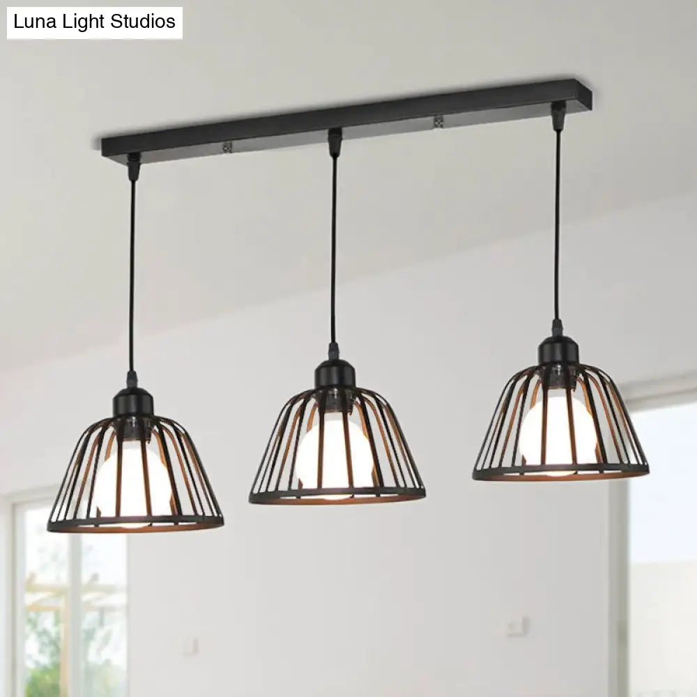 Black Metal Frame Dome Pendant With 3 Light Bulbs For Kitchen Ceiling