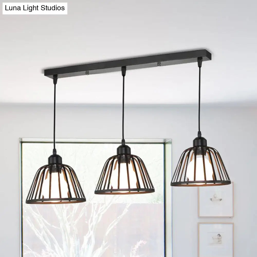 Dome Pendant Light With Metal Frame: 3-Light Kitchen Ceiling Hanging In Black / Linear