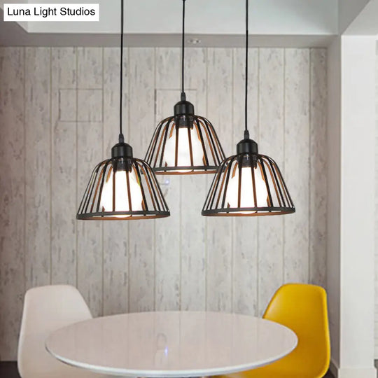 Dome Pendant Light With Metal Frame: 3-Light Kitchen Ceiling Hanging In Black / Round