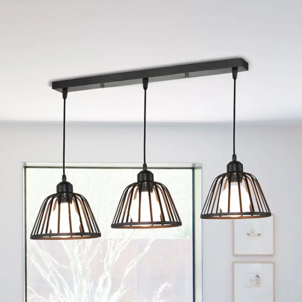 Black Metal Frame Dome Pendant With 3 Light Bulbs For Kitchen Ceiling / Linear