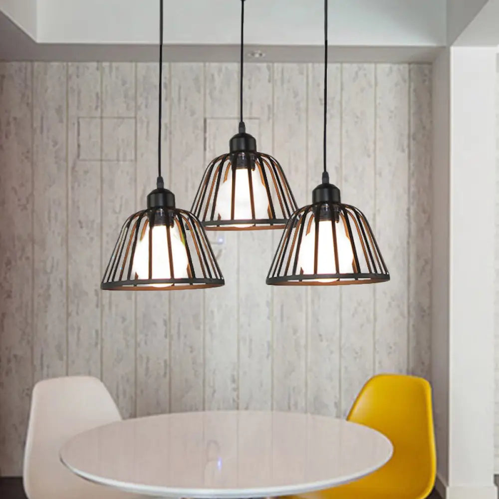 Black Metal Frame Dome Pendant With 3 Light Bulbs For Kitchen Ceiling / Round