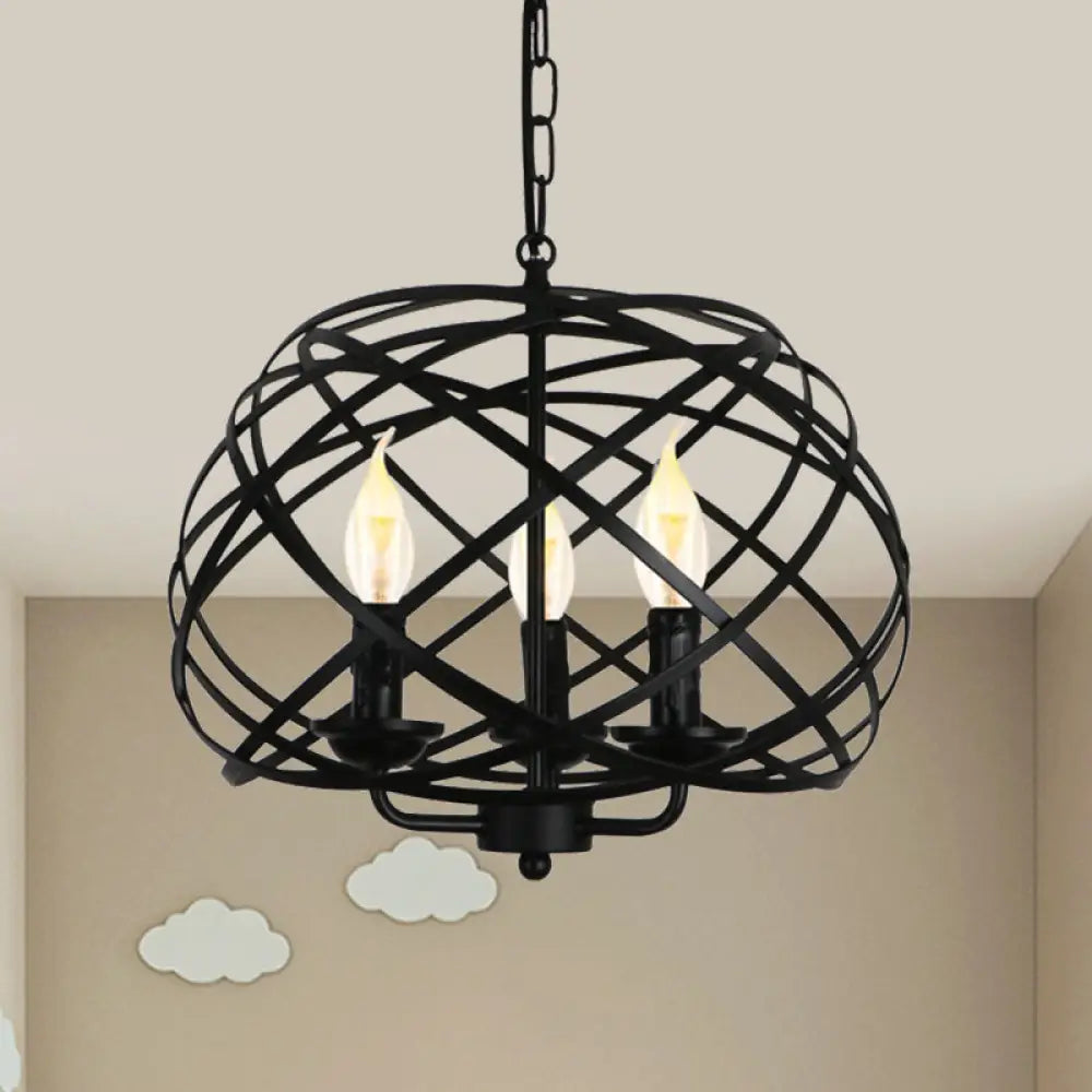 Black Metal Geometric Ceiling Light With Cage Shade - Industrial Kitchen Chandelier (3 Bulbs