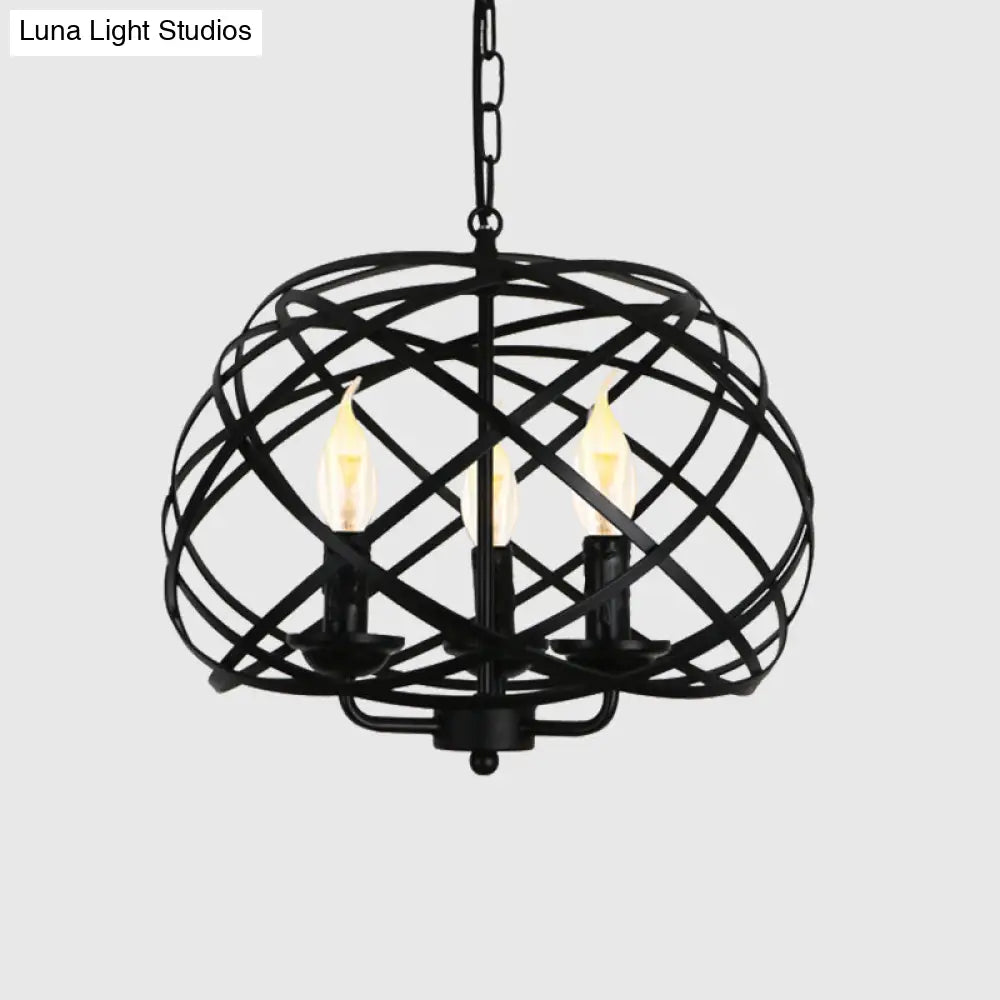 Black Metal Geometric Ceiling Light With Cage Shade - Industrial Kitchen Chandelier (3 Bulbs