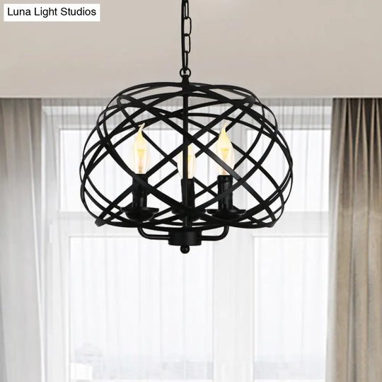 Black Metal Geometric Ceiling Light With Cage Shade - Industrial Kitchen Chandelier (3 Bulbs