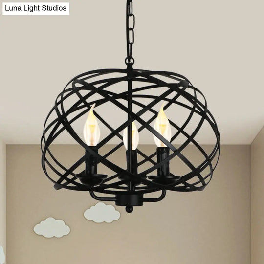 Industrial Geometric Ceiling Light With Cage Shade - 3 Bulb Metal Chandelier Lamp In Black For