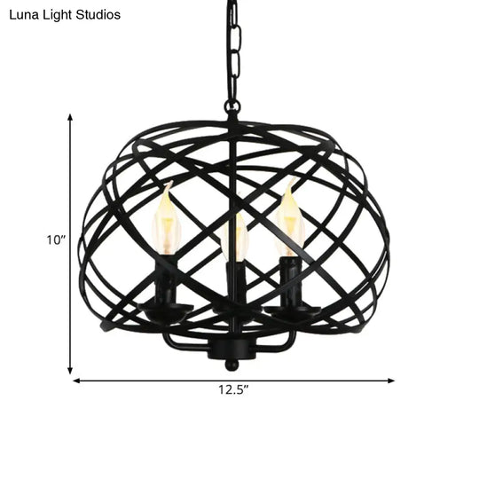 Industrial Geometric Ceiling Light With Cage Shade - 3 Bulb Metal Chandelier Lamp In Black For